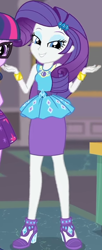 Size: 366x899 | Tagged: safe, screencap, character:rarity, character:twilight sparkle, character:twilight sparkle (scitwi), species:eqg human, episode:school of rock, g4, my little pony:equestria girls, clothing, cropped, cute, dress, female, field trip, geode of shielding, gold, hairclip, high heels, jewelry, lidded eyes, looking down, magical geodes, museum, raribetes, shoes, skirt, sleeveless, smiling, waistband, wrist cuffs