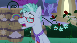 Size: 1920x1080 | Tagged: safe, screencap, character:feather flatterfly, species:pegasus, species:pony, episode:the summer sun setback, g4, my little pony: friendship is magic, anxious, barrel, bush, canterlot, flower, folded wings, glasses, male, necktie, night, open mouth, rose, solo, tree, wings