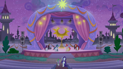 Size: 1920x1080 | Tagged: safe, screencap, character:cayenne, character:fire flare, character:rarity, character:spike, species:dragon, episode:the summer sun setback, g4, my little pony: friendship is magic, hot streak, night fire, speakers, stage, winged spike
