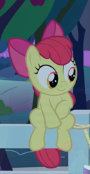 Size: 401x774 | Tagged: safe, screencap, character:apple bloom, episode:going to seed, g4, my little pony: friendship is magic, adorabloom, cropped, cute, fence, sitting, smiling, solo