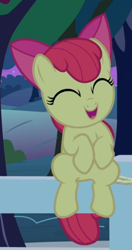 Size: 389x736 | Tagged: safe, screencap, character:apple bloom, episode:going to seed, g4, my little pony: friendship is magic, adorabloom, cropped, cute, eyes closed, fence, open mouth, sitting, solo