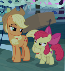 Size: 662x722 | Tagged: safe, screencap, character:apple bloom, character:applejack, episode:going to seed, g4, my little pony: friendship is magic, apple sisters, cropped, duo, lidded eyes, looking at each other, siblings, sisters, smug, smug bloom, smugjack