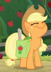 Size: 560x792 | Tagged: safe, screencap, character:applejack, episode:going to seed, g4, my little pony: friendship is magic, bag, cropped, cute, eyes closed, faec, jackabetes, saddle bag, smiling, solo