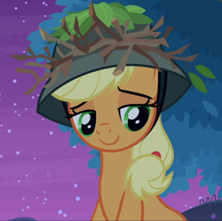 Size: 942x937 | Tagged: safe, screencap, character:applejack, episode:going to seed, g4, my little pony: friendship is magic, clothing, cropped, cute, hat, jackabetes, lidded eyes, smiling, solo