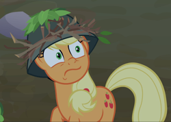 Size: 1321x938 | Tagged: safe, screencap, character:applejack, episode:going to seed, g4, my little pony: friendship is magic, cropped, helmet, looking up, shocked, shrunken pupils, wavy mouth