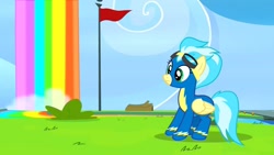 Size: 1280x720 | Tagged: safe, screencap, character:misty fly, species:pegasus, species:pony, episode:parental glideance, g4, my little pony: friendship is magic, clothing, female, flag, goggles, mare, rainbow waterfall, solo, uniform, wonderbolts, wonderbolts uniform