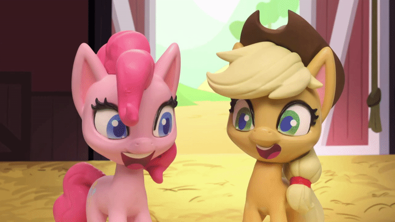 Size: 800x450 | Tagged: safe, screencap, character:applejack, character:pinkie pie, species:earth pony, species:pony, g4.5, my little pony: stop motion short, my little pony:pony life, animated, barn, clothing, gif, hat, high five, looking at each other, pie assembly line (short), smiling, stop motion