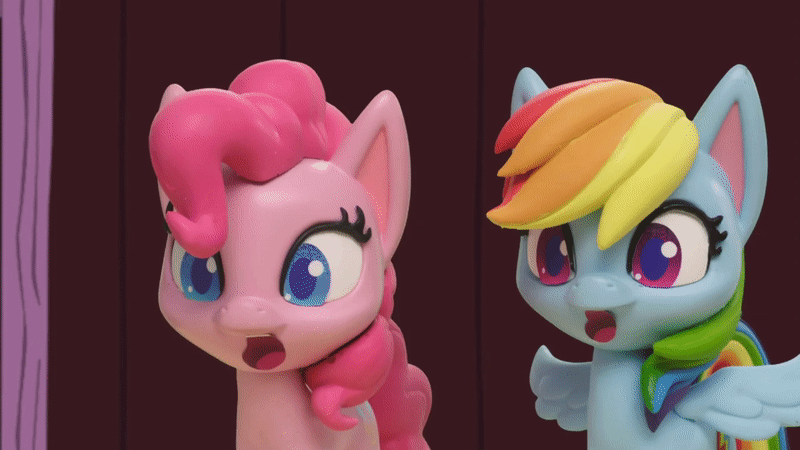 Size: 800x450 | Tagged: safe, screencap, character:pinkie pie, character:rainbow dash, species:earth pony, species:pegasus, species:pony, g4.5, my little pony: stop motion short, my little pony:pony life, animated, gif, laughing, looking at something, pie assembly line (short), stop motion, wings