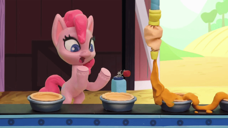 Size: 800x450 | Tagged: safe, screencap, character:pinkie pie, species:earth pony, species:pony, g4.5, my little pony: stop motion short, my little pony:pony life, animated, assembly line, barn, cheek bulge, conveyor belt, desperate, food, full mouth, gif, mistakes were made, mouth hold, out of context, pie, pie assembly line (short), pie filling, solo, stop motion