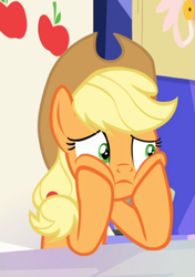 Size: 458x652 | Tagged: safe, screencap, character:applejack, species:earth pony, species:pony, episode:sparkle's seven, g4, my little pony: friendship is magic, cropped, female, friendship throne, mare, solo, squishy cheeks