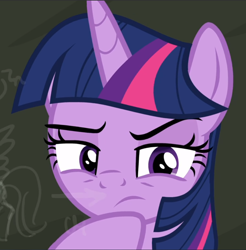 Size: 924x940 | Tagged: safe, screencap, character:twilight sparkle, character:twilight sparkle (alicorn), species:alicorn, species:pony, episode:sparkle's seven, g4, my little pony: friendship is magic, cropped, lidded eyes, raised eyebrow, solo, thinking