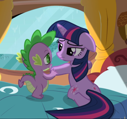 Size: 922x862 | Tagged: safe, screencap, character:spike, character:twilight sparkle, character:twilight sparkle (unicorn), species:pony, species:unicorn, episode:magical mystery cure, g4, my little pony: friendship is magic, bed, cropped, duo, floppy ears, golden oaks library, looking at each other, rain, window