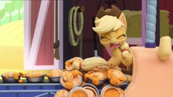 Size: 1275x719 | Tagged: safe, screencap, character:applejack, species:earth pony, species:pony, g4.5, my little pony: stop motion short, my little pony:pony life, assembly line, barn, clothing, conveyor belt, food, hat, machine, out of context, oven, pie, pie assembly line (short), stop motion