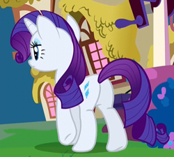 Size: 407x366 | Tagged: safe, screencap, character:rarity, species:pony, species:unicorn, episode:just for sidekicks, g4, my little pony: friendship is magic, beautiful, butt, cropped, cutie mark, eyeshadow, female, frown, hind legs, lidded eyes, makeup, mare, plot, ponyville, rearity, solo, walking, water well