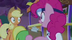 Size: 1920x1080 | Tagged: safe, screencap, character:applejack, character:pinkie pie, character:wensley, species:earth pony, species:pony, episode:the summer sun setback, g4, my little pony: friendship is magic, clipboard, clothing, female, mare, wide eyes