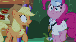 Size: 1920x1080 | Tagged: safe, screencap, character:applejack, character:pinkie pie, species:earth pony, species:pony, episode:the summer sun setback, g4, my little pony: friendship is magic, applejack's hat, bush, canterlot, clothing, cowboy hat, doctor, duo, eyelashes, faec, female, food, grin, hat, night, pie, pinkie being pinkie, raised hoof, smiling, wide eyes