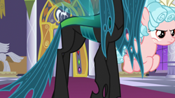 Size: 1920x1080 | Tagged: safe, screencap, character:cozy glow, character:queen chrysalis, species:changeling, species:pegasus, species:pony, episode:the summer sun setback, g4, my little pony: friendship is magic, bow, canterlot castle, cozy glow is not amused, curly hair, duo, evil planning in progress, female, filly, flying, foal, former queen chrysalis, freckles, frown, hair bow, insect wings, intruder, sneaking, throne room, wings