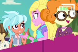 Size: 1226x824 | Tagged: safe, screencap, character:frosty orange, character:scribble dee, character:wiz kid, episode:five lines you need to stand in, g4, my little pony:equestria girls, clothing, cropped, female, glasses, male, open mouth, outdoors, overalls, sandy cerise, smiling, wiz kid