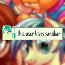 Size: 600x600 | Tagged: safe, artist:whitediamonds, edit, character:sandbar, character:smolder, character:yona, species:dragon, species:earth pony, species:pony, species:yak, blurred background, blurry, cute, dragoness, female, grin, looking at you, male, offscreen character, sandabetes, smiling, smiling at you, teenager, user box