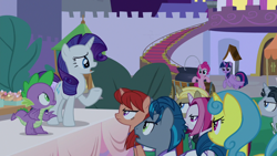 Size: 1920x1080 | Tagged: safe, screencap, character:cayenne, character:jet set, character:lemon hearts, character:pinkie pie, character:rarity, character:spike, character:twilight sparkle, character:twilight sparkle (alicorn), species:alicorn, species:dragon, species:earth pony, species:pony, species:unicorn, episode:the summer sun setback, g4, my little pony: friendship is magic, angry, building, bush, canterlot, cart, cauldron, clothing, cute, diapinkes, female, flying, folded wings, hot streak, looking at each other, male, necktie, night, night fire, open mouth, stage, stairs, wagon, winged spike, wings, worried