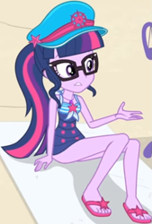 Size: 577x854 | Tagged: safe, screencap, character:twilight sparkle, character:twilight sparkle (scitwi), species:eqg human, equestria girls:forgotten friendship, g4, my little pony:equestria girls, beach chair, beach towel, clothing, cropped, cute, feet, female, flip-flops, geode of telekinesis, glasses, hat, jewelry, legs, magical geodes, necklace, sand, sandals, sleeveless, solo, swimsuit, twiabetes