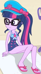 Size: 475x856 | Tagged: safe, screencap, character:twilight sparkle, character:twilight sparkle (scitwi), species:eqg human, equestria girls:forgotten friendship, g4, my little pony:equestria girls, beach, beach towel, clothing, cropped, cute, feet, female, geode of telekinesis, glasses, hat, jewelry, legs, magical geodes, necklace, outdoors, ponytail, ribbon, sandals, sleeveless, solo, swimsuit, twiabetes