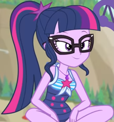 Size: 789x843 | Tagged: safe, screencap, character:twilight sparkle, character:twilight sparkle (scitwi), species:eqg human, equestria girls:forgotten friendship, g4, my little pony:equestria girls, beach chair, clothing, cropped, cute, female, geode of telekinesis, jewelry, legs, lidded eyes, magical geodes, necklace, outdoors, ponytail, sitting, sky, sleeveless, smiling, solo, swimsuit, twiabetes, umbrella