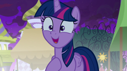 Size: 1920x1080 | Tagged: safe, screencap, character:twilight sparkle, character:twilight sparkle (alicorn), species:alicorn, species:pony, episode:the summer sun setback, g4, my little pony: friendship is magic, bush, canterlot, cute, female, fog, happy, hoof on chest, night, open mouth, raised hoof, smiling, solo, twiabetes