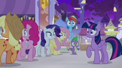 Size: 1920x1080 | Tagged: safe, screencap, character:applejack, character:fluttershy, character:pinkie pie, character:rainbow dash, character:rarity, character:spike, character:twilight sparkle, character:twilight sparkle (alicorn), species:alicorn, species:dragon, species:earth pony, species:pegasus, species:pony, species:unicorn, episode:the summer sun setback, g4, my little pony: friendship is magic, canterlot, female, flying, folded wings, freckles, looking at someone, looking away, male, mane six, open mouth, raised hoof, raised leg, underhoof, wide eyes, winged spike, wings