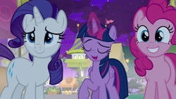 Size: 1920x1080 | Tagged: safe, screencap, character:pinkie pie, character:rarity, character:twilight sparkle, character:twilight sparkle (alicorn), species:alicorn, species:earth pony, species:pony, episode:the summer sun setback, g4, my little pony: friendship is magic, aura, canterlot, cute, diapinkes, eyes closed, female, food, glowing horn, grin, horn, looking at someone, looking at something, magic, night, pie, raised hoof, smiling
