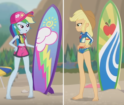 Size: 546x464 | Tagged: safe, screencap, character:applejack, character:rainbow dash, episode:blue crushed (a.k.a baewatch), g4, my little pony:equestria girls, barefoot, beach, clothing, feet, legs, surfboard, swimsuit