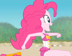 Size: 1380x1080 | Tagged: safe, screencap, character:pinkie pie, equestria girls:forgotten friendship, g4, my little pony:equestria girls, beach, bow tie, clothing, cropped, curly hair, cute, diapinkes, female, flipper, forest, forest background, geode of sugar bombs, legs, magical geodes, outdoors, rock, running, sky, sleeveless, smiling, swimsuit, tree