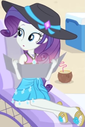 Size: 513x768 | Tagged: safe, screencap, character:rarity, equestria girls:forgotten friendship, g4, my little pony:equestria girls, beach, beach chair, bikini, bikini top, clothing, coconut, cooler, cropped, cute, diamond, female, food, geode of shielding, hat, jewelry, legs, magical geodes, midriff, necklace, outdoors, raribetes, sandals, solo, straw, swimsuit, tanning mirror