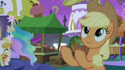 Size: 1920x1080 | Tagged: safe, screencap, character:applejack, character:jonagold, character:princess celestia, species:earth pony, species:pony, episode:the summer sun setback, g4, my little pony: friendship is magic, apple family member, applejack's hat, box, canterlot, clothing, cowboy hat, crown, cupcake, cute, cutelestia, food, grin, hat, hug, jackabetes, jewelry, lidded eyes, looking at each other, looking down, looking up, missing freckles, momlestia fuel, night, regalia, smiling, winghug
