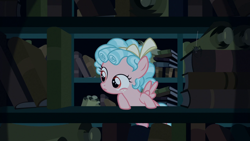 Size: 1920x1080 | Tagged: safe, screencap, character:cozy glow, species:pegasus, species:pony, episode:the summer sun setback, g4, my little pony: friendship is magic, book, bookshelf, canterlot library, cozybetes, curly hair, cute, evil planning in progress, female, filly, flying, foal, freckles, hair bow, intruder, library, looking at something, scroll, searching, sin of greed, sneaking, solo, spread wings, wings
