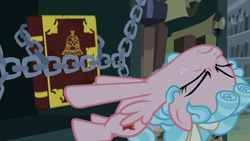 Size: 1920x1080 | Tagged: safe, screencap, character:cozy glow, species:pegasus, species:pony, episode:the summer sun setback, g4, my little pony: friendship is magic, book, bookshelf, chains, eyes closed, female, filly, freckles, library, pulling, scroll, solo, spread wings, wings