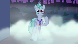 Size: 1920x1080 | Tagged: safe, screencap, character:feather flatterfly, species:pegasus, species:pony, episode:the summer sun setback, g4, my little pony: friendship is magic, canterlot, determined, fog, folded wings, front view, glasses, male, necktie, night, raised hoof, solo, wavy mouth, wings