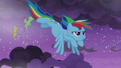 Size: 1920x1080 | Tagged: safe, screencap, character:merry may, character:rainbow dash, character:sunshower raindrops, species:pegasus, species:pony, episode:the summer sun setback, g4, my little pony: friendship is magic, cloud, determined look, female, flying, grin, night, smiling, spread wings, wings