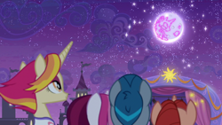 Size: 1920x1080 | Tagged: safe, screencap, character:cayenne, character:fire flare, species:pony, species:unicorn, episode:the summer sun setback, g4, my little pony: friendship is magic, canterlot, female, grin, hot streak, looking up, male, mare, moon, night, night fire, smiling, sparkles, stage, stallion