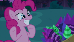 Size: 1920x1080 | Tagged: safe, screencap, character:pinkie pie, species:earth pony, species:pony, episode:the summer sun setback, g4, my little pony: friendship is magic, bush, cute, diapinkes, excited, female, fireworks, grin, mare, night, pinkie being pinkie, sitting, smiling, solo, underhoof, wide smile