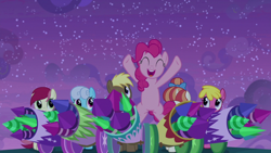 Size: 1920x1080 | Tagged: safe, screencap, character:cherry berry, character:coco crusoe, character:linky, character:pinkie pie, character:rainbow stars, character:roseluck, character:shoeshine, species:earth pony, species:pony, species:unicorn, episode:the summer sun setback, g4, my little pony: friendship is magic, background pony, bow, cute, diapinkes, eyes closed, female, fireworks, hooves in air, looking up, male, mare, night, open mouth, party cannon, smiling, stallion, underhoof