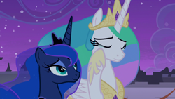Size: 1920x1080 | Tagged: safe, screencap, character:princess celestia, character:princess luna, species:alicorn, species:pony, episode:the summer sun setback, g4, my little pony: friendship is magic, canterlot, crown, crying, duo, duo female, ethereal mane, eyes closed, eyeshadow, female, flowing mane, folded wings, grin, hoof shoes, jewelry, lidded eyes, makeup, mare, multicolored hair, night, regalia, royal sisters, siblings, sisters, smiling, tears of joy