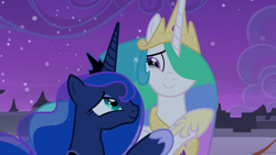 Size: 1920x1080 | Tagged: safe, screencap, character:princess celestia, character:princess luna, species:alicorn, species:pony, episode:the summer sun setback, g4, my little pony: friendship is magic, canterlot, crown, crying, duo, duo female, female, grin, jewelry, looking at each other, night, proud, regalia, siblings, sisters, smiling, tears of joy, teary eyes