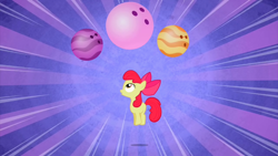 Size: 2000x1124 | Tagged: safe, screencap, character:apple bloom, species:earth pony, species:pony, episode:the cutie pox, g4, my little pony: friendship is magic, blank flank, bowling ball, female, filly, foal, jumping, purple background, simple background, solo, sunburst background