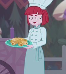 Size: 954x1080 | Tagged: safe, screencap, equestria girls:sunset's backstage pass, g4, my little pony:equestria girls, beauty mark, chef's hat, churros, clothing, cropped, eyes closed, female, food, hat, plate, puffed pastry, solo