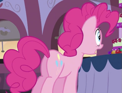 Size: 505x387 | Tagged: safe, screencap, character:pinkie pie, species:earth pony, species:pony, episode:mmmystery on the friendship express, g4, my little pony: friendship is magic, bags under eyes, balloonbutt, butt, cake, cropped, female, food, open mouth, plot, shocked, solo, table, train, wide eyes
