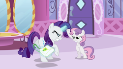 Size: 1920x1080 | Tagged: safe, screencap, character:rarity, character:sweetie belle, episode:ponyville confidential, g4, my little pony: friendship is magic, bag, butt, female, filly, frown, horn flick, plot, saddle bag, siblings, sisters, smack