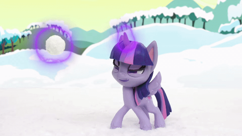 Size: 800x450 | Tagged: safe, screencap, character:rarity, character:twilight sparkle, character:twilight sparkle (alicorn), species:alicorn, species:pony, species:unicorn, g4.5, my little pony: stop motion short, my little pony:pony life, animated, gif, levitation, magic, outdoors, snow, snowball, snowball fight, snowball fight (short), stop motion, telekinesis, wings