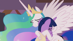 Size: 1920x1080 | Tagged: safe, screencap, character:princess celestia, character:princess luna, character:twilight sparkle, character:twilight sparkle (alicorn), species:alicorn, species:pony, episode:the summer sun setback, g4, my little pony: friendship is magic, crown, cute, duo focus, ethereal mane, eyes closed, female, flowing mane, grin, hoof shoes, hug, jewelry, mare, multicolored hair, offscreen character, proud, regalia, smiling, spread wings, wings