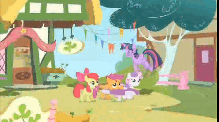 Size: 428x240 | Tagged: safe, screencap, character:apple bloom, character:scootaloo, character:sweetie belle, character:twilight sparkle, species:pegasus, species:pony, episode:the cutie mark chronicles, g4, my little pony: friendship is magic, animated, cutie mark crusaders, excited, pronking, slow motion, yes, yes yes yes